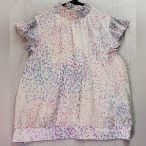 EUC Express Abstract Petal Print Mock Neck Top XS - Pink, Purple & Blue